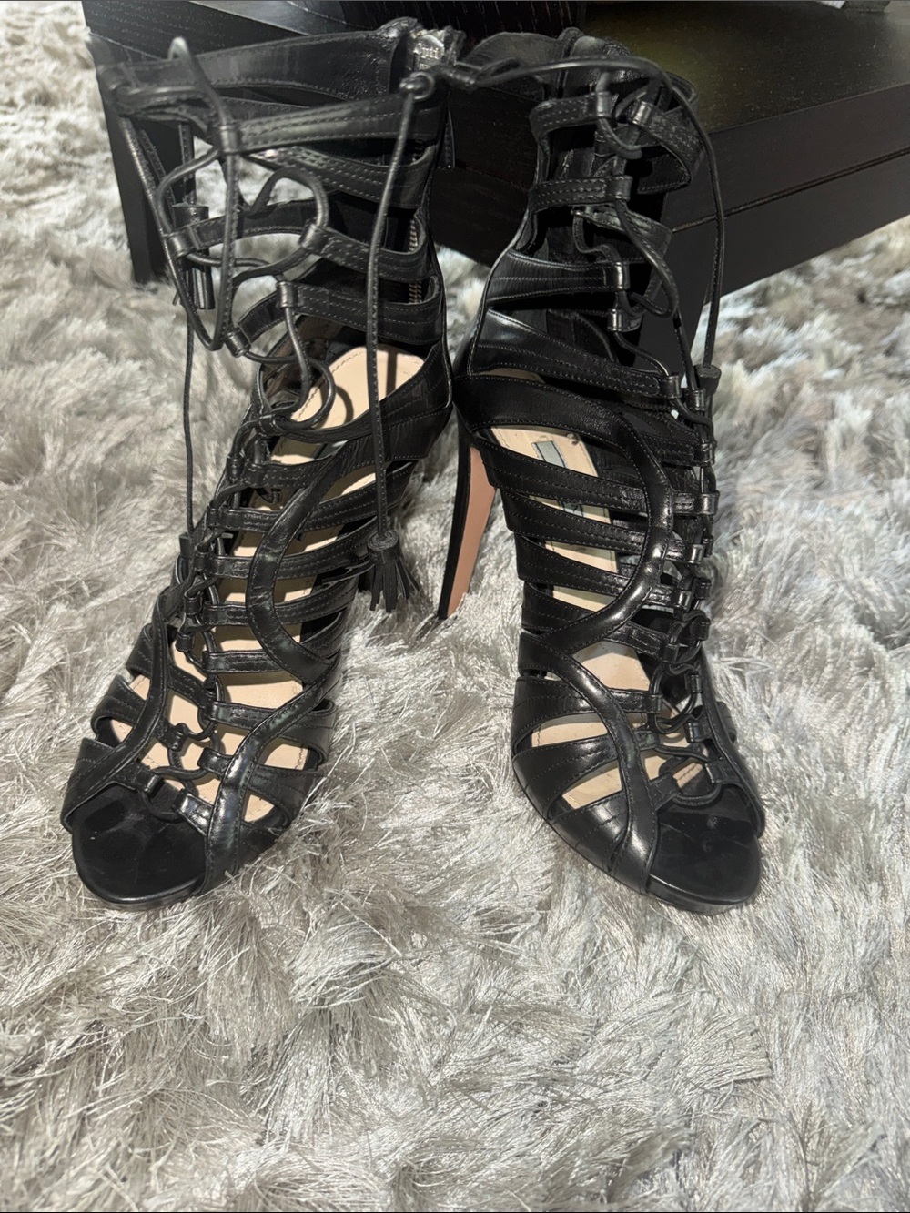Prada Black Lace-Up Gladiator Stiletto Sandals